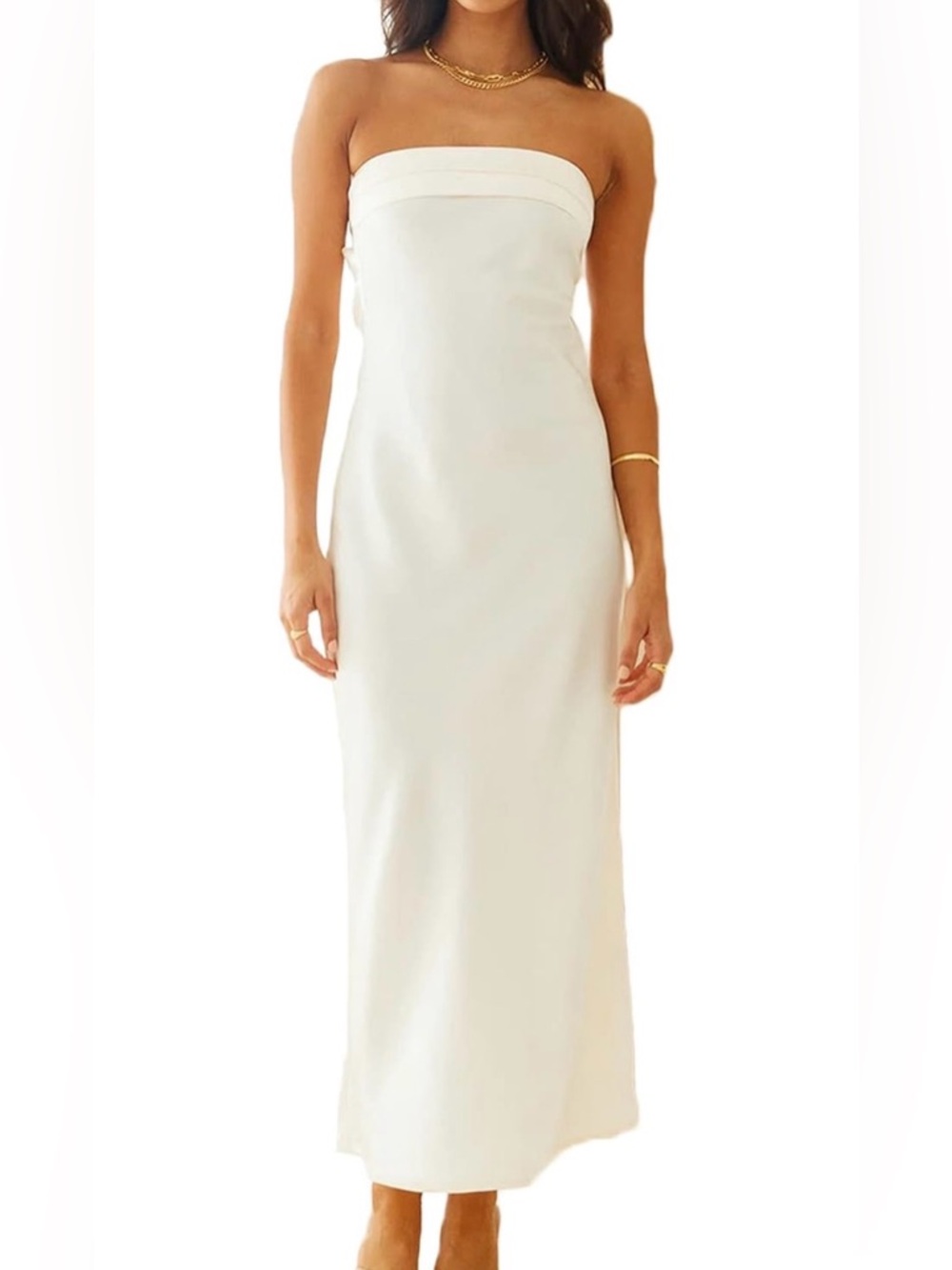 Strapless Cream Satin Maxi Dress with Open Cowl Back Elegant Evening Gown